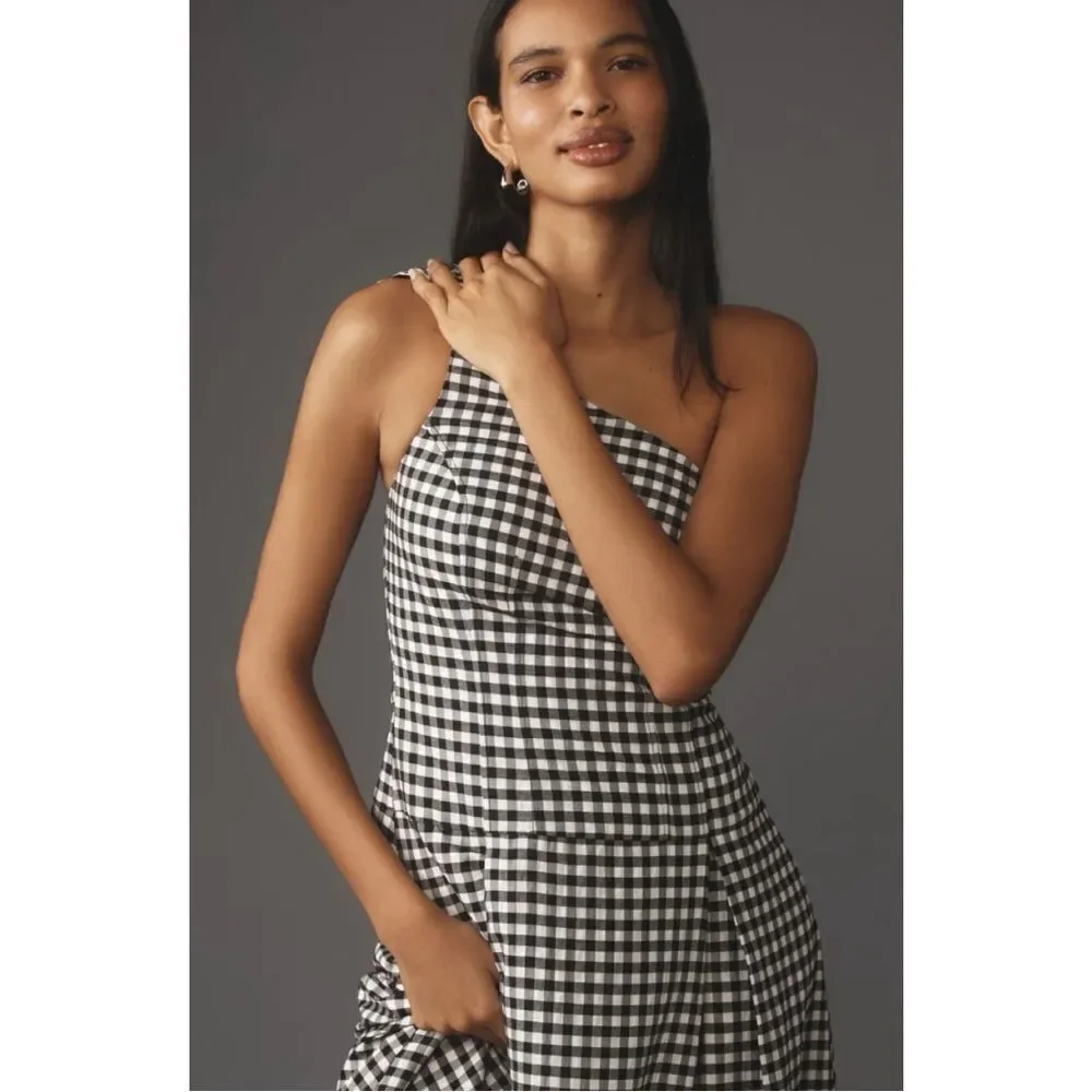 NEW By Anthropologie Black & White One-Shoulder Drop Waist Gingham Dress Small - Picture 4 of 7